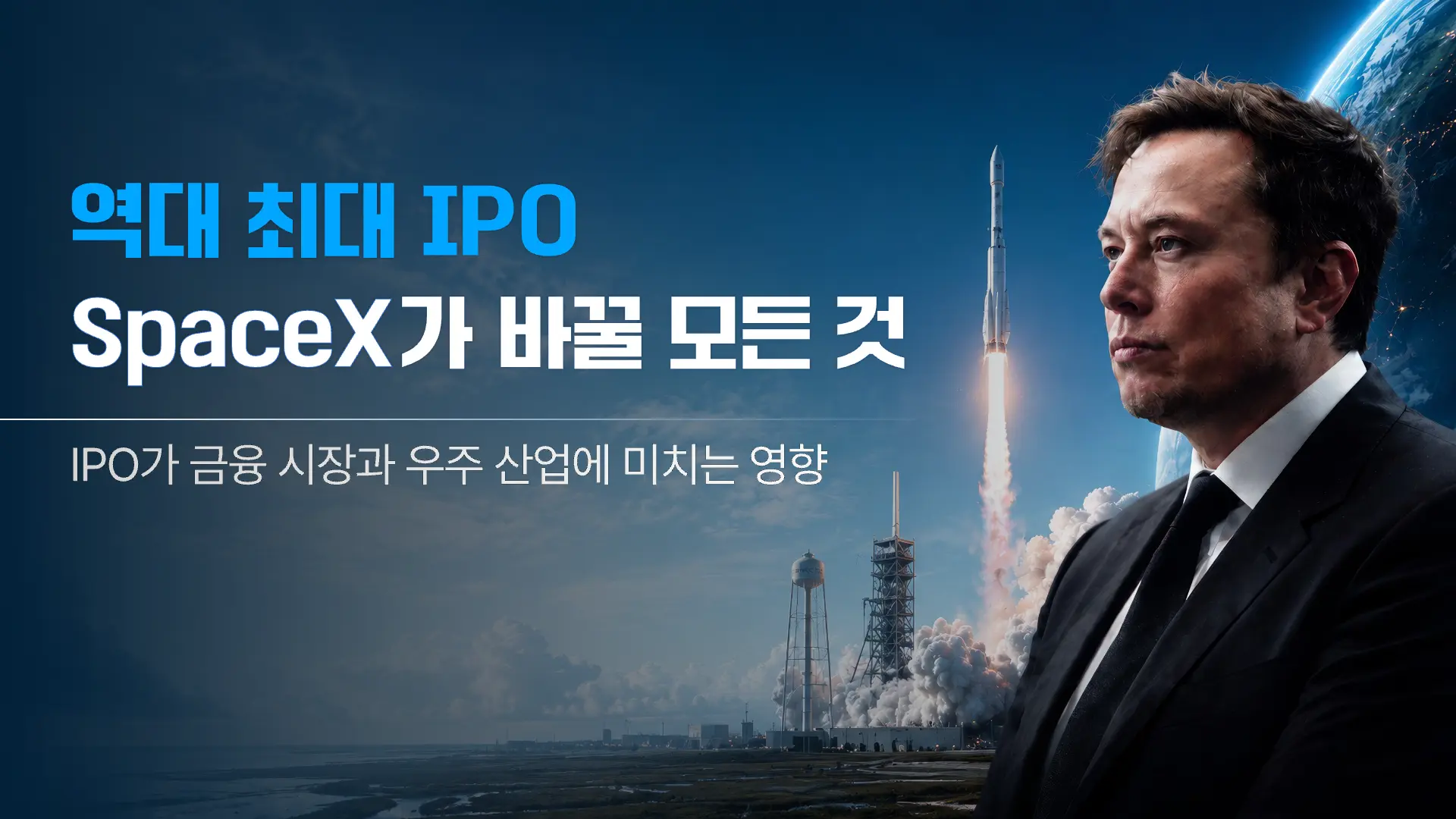 로켓 발사 장면 앞에 선 일론 머스크
